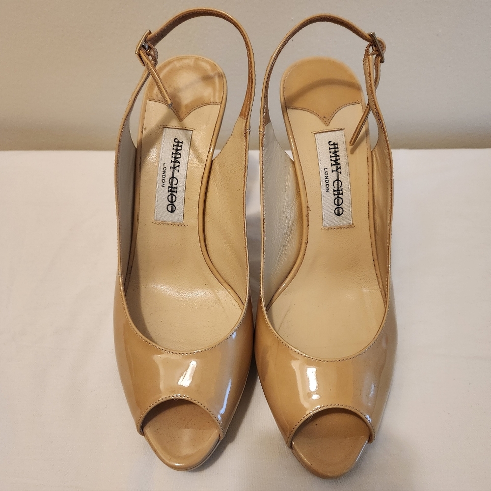 Jimmy Choo Beige Patent Peep Toe Heels